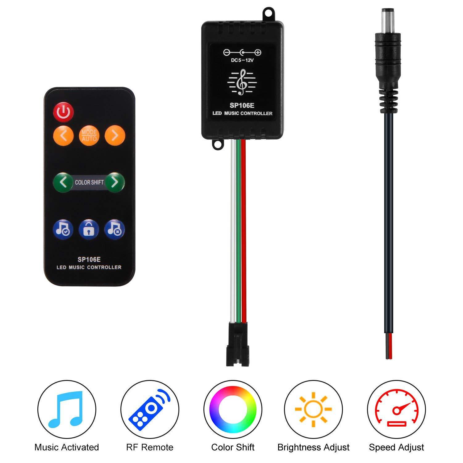 DC5-12V SP106E SPI LED Music Controller With 9Key RF Remote For Addressable WS2812B SK6812 LED Strip Lights DC5-12V SP106E SPI LED Music Controller With 9Key RF Remote For Addressable WS2812B SK6812 LED Strip Lights